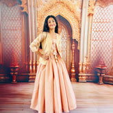 Full flare long frock with banaras over coat